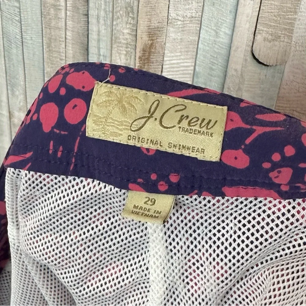 J Crew 29 Mens 9” Stretch Eco Board Shorts Swim Trunk Pink‎ Navy Vines Print $79